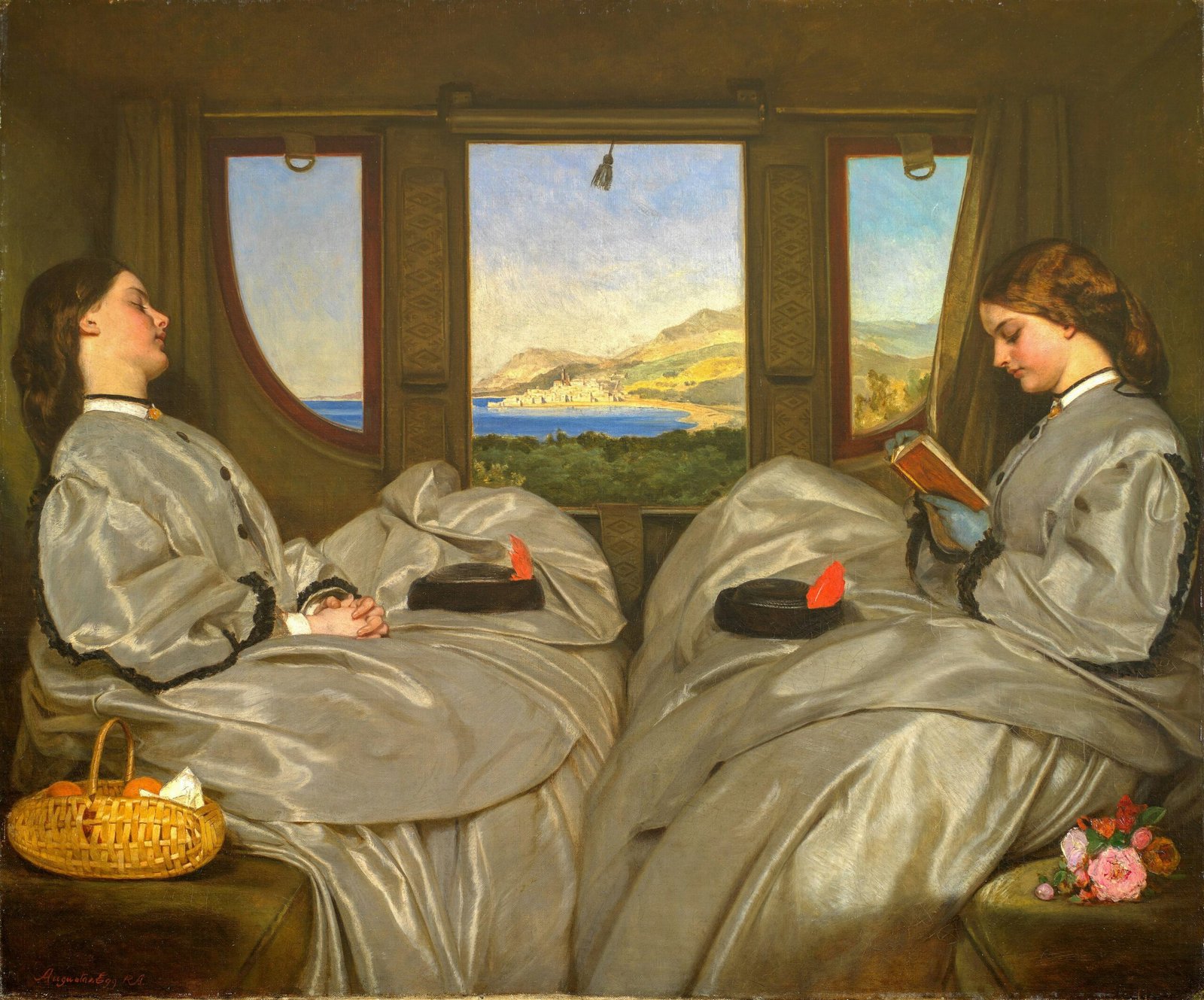 a painting of two women in bed looking out a window